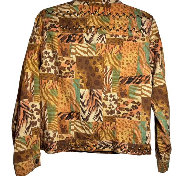 Stonebridge Women's Sz‎ Petite Medium Patchwork Animal Print Studded Jean Jacket - Picture 2 of 7
